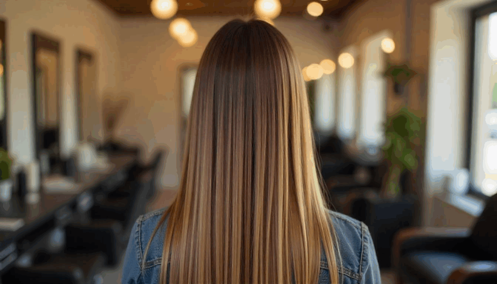 chica de unos 30 años con el cabello totalmente liso de espaldas un entorno moderno al fondo un salon de peluqueria