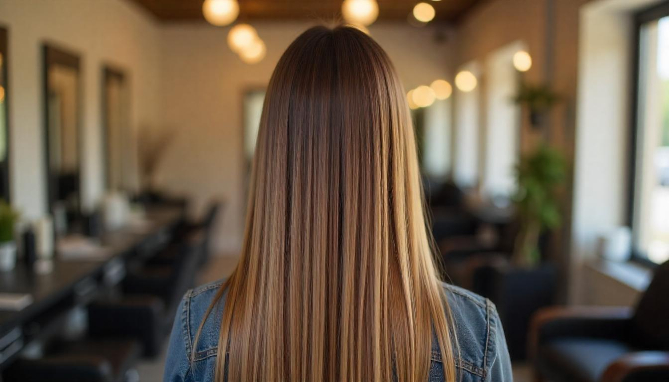 chica de unos 30 años con el cabello totalmente liso de espaldas un entorno moderno al fondo un salon de peluqueria